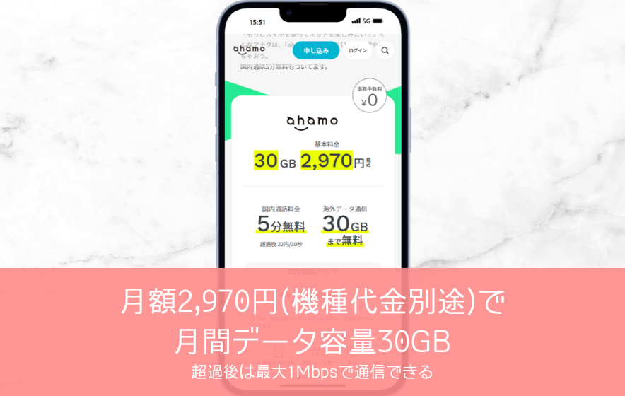 月額2,970円(機種代金別途)で月間データ容量30GB、超過後は最大1Mbpsで通信できる