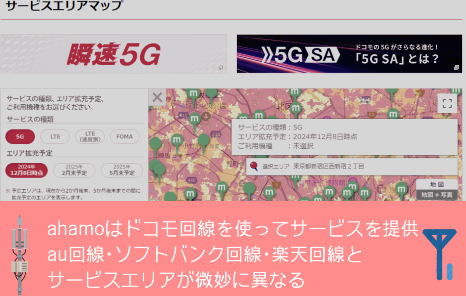 ahamoはドコモ回線を使ってサービスを提供。au回線はサービスエリアが微妙に異なる